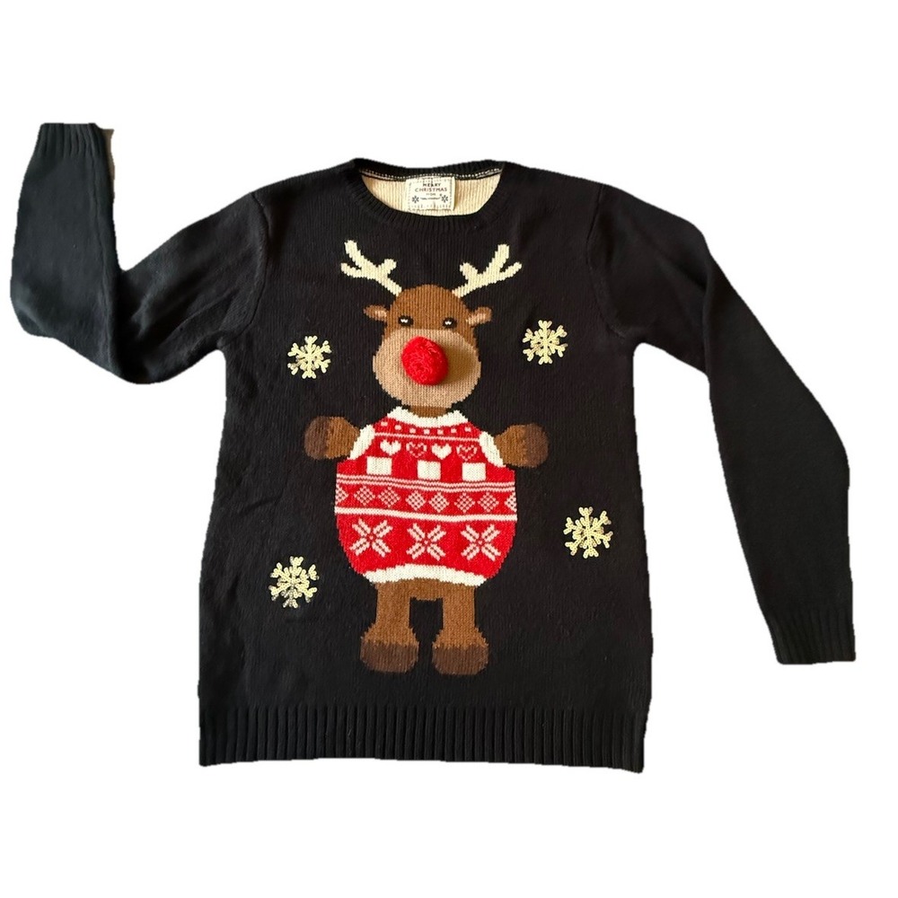 Daisys Black/Red Rudolph The Red Nose Reindeer  Knit 3D Christmas Sweater Size X